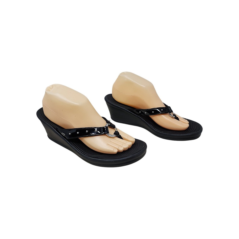 Skechers Wedge Sandals 9 Women Rumblers Cats Eye Thongs Flip Flops 2.75" Black